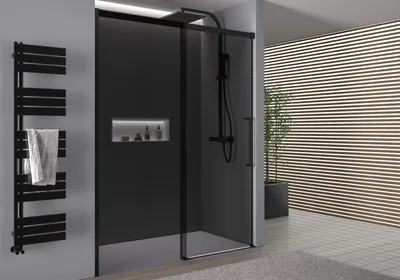 Produktbild von Nischendusche mit Schiebetür DX906 FLEX - Soft-Close - 8 mm - Nano graues Glas - Profile - Schwarz matt - Breite wählbar, Breite:1000 mm