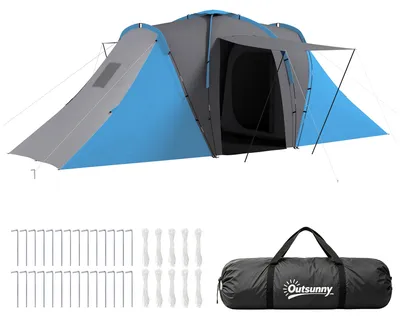 Productafbeelding van Tunneltent, 2000 mm waterafstotende kampeertent voor 4 personen, met 2 slaapkamers, woongedeelte, draagtas, grijs+blauw