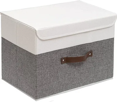 Produktbild von Aufbewahrungsboxen mit Deckel – Faltbare Stoffboxen für Spielzeug, Kleidung, Bücher (38x25x25 cm, Weiß/Grau)