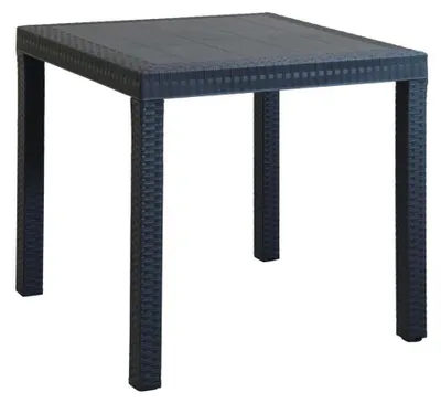 Zdjęcie produktu dla Kwadratowy stół ogrodowy 80 x 80 cm z tworzywa sztucznego imitującego wiklinę, z regulowanymi nogami i otworem na parasol w środku – Nasa – czarny