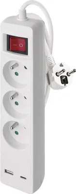 Prodlužovací kabel 2 m / 3 zásuvky / s vypínačem / bílý / 1×USB-A + 1×USB-C / 1,5 mm2