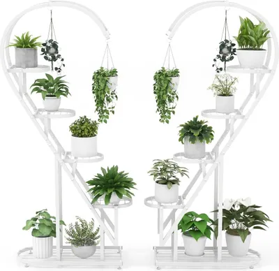 Produktbild von GOPLUS 5-stufiger Blumenständer Metall-Pflanzenständer in Herzform, Pflanzenregal mit 4 Aufhängehaken, Blumenständer für den Innen- und Außenbereich