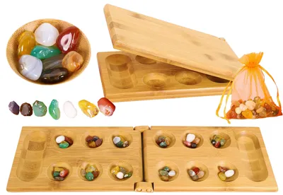Obrázek produktu pro Desková hra Mancala – Kalaha se dřevěnou hrací plochou a kameny z přírodního kamene