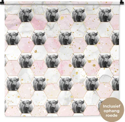 Produktbild von MuchoWow® Wandteppich Wandbehang Scottish Hochlandrind - Marmor - Schwarz - Weiß 90x90 cm Tapisserie Dekoration Wandtuch - Wandaufhänger