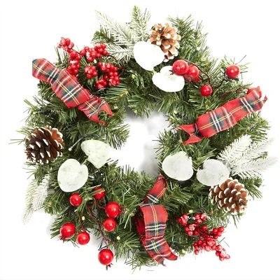 Produktbild von Weihnachtskranz mit LED Beleuchtung – Dekokranz mit Beeren & Tannenzapfen – 46 cm – Grün – Türkranz Weihnachtsdeko