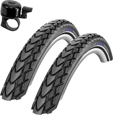 Zdjęcie produktu dla 2 x opony rowerowe Schwalbe Marathon Mondial RaceGuard z ochroną przed przebiciem i paskami odblaskowymi 50-559 (26 x 2,00") wraz z dzwonkiem rowerowym