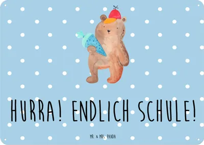 Produktbild von Mr. & Mrs. Panda Wandbild Bär Schultüte DIN A5 - Blau Pastell - Geschenk, Grundschule, Motiv, Einschulung, Schulbeginn, tafel, Teddy, Türschild, Schulanfang, Schild