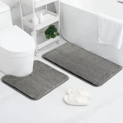 Image de Lot de 2 tapis de salle de bain : un tapis de bain en microfibre douce, un tapis de sol antidérapant et absorbant, et un tapis de toilettes en forme de U ; tapis de bain 50 x 80 cm et tapis de toilettes 50 x 40 cm (gris)