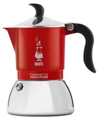 A red and silver Bialetti Moka pot is shown against a white background.