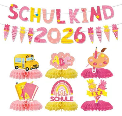 Immagine prodotto di Set di decorazioni per l'inizio della scuola, rosa, con ghirlande e tovagliato a nido d'ape, per bambine, anno 2026