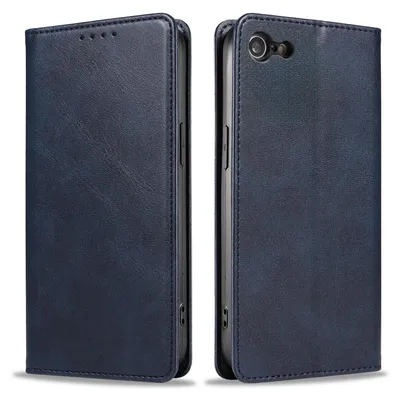A blue flip cover phone case is shown from the front and back.