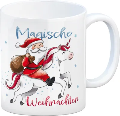 Produktbild von Weihnachtsmann auf Einhorn Kaffeebecher mit Spruch Magische Weihnachten