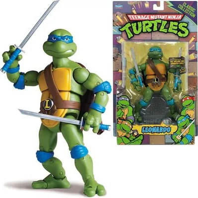 A product image showing a Teenage Mutant Ninja Turtle action figure, Leonardo, both out of its packaging and in its packaging.