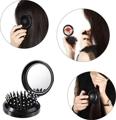 Produktbild von Set von 2 faltbaren Haarbürsten mit Reisenspiegel - Kompakte Mini-Haarbürsten für unterwegs
