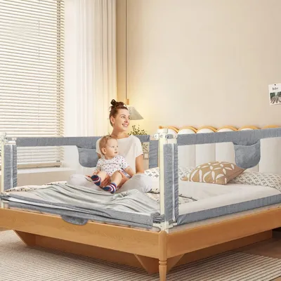 Produktbild von 3  Seiten Baby Bettgitter Kinder Bettgitter Bettschutzgitter Höhenverstellbar Rausfallschutz für Bett grau（195cm*2 Seiten+145cm*1 Seiten）