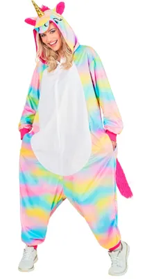 Produktbild von Tierkostüm "Rainbow Einhorn" für Erwachsene | Overall Plüschkostüm Größe: L/XL