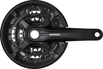A black bicycle crankset with the Shimano logo.
