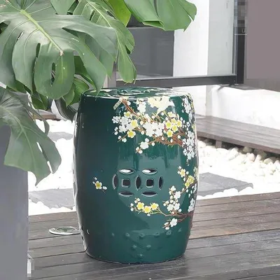 Produktbild von Dekorative Hocker - Beistelltisch Akzent Hocker - Innen außen - Keramik Blumenmuster - 50 x 40 x 50 cm - Grün