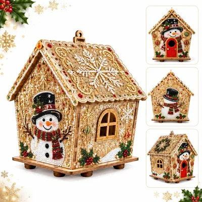 Productafbeelding van Diamantverfijning - 1 stuk - Doe-het-zelf - 3D kerstboomornament van hout - Huisvorm - Met parels - Creatieve knutselset voor volwassenen - Sneeuwpop