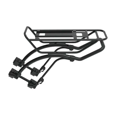 A black bicycle rear rack is shown against a white background.