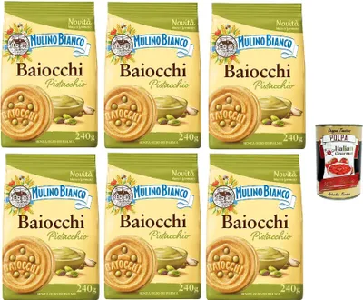 Produktbild von 6x Mulino Bianco Baiocchi Pistacchio,Kekse mit Pistazien und Mürbeteig, ideal zum Frühstück oder Snack, ohne Palmöl 240g + Italian Gourmet Polpa di Pomodoro 400g Dose