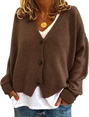 Produktbild von ASKSA Damen Strickpulli Lose Lässige Strickjacken V-Ausschnitt Einfarbig Knopf Strickjacke Pullover, Kaffee, M