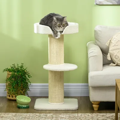 Produktbild von Sweiko Katzenbaum 91cm Spielbaum mit Katzenbett, Plattform Wolle Creme