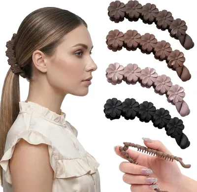 Productafbeelding van 4 stuks bananenclips met mat bloemenontwerp, antislip haarspelden voor dames, paardenstaarten en dik haar