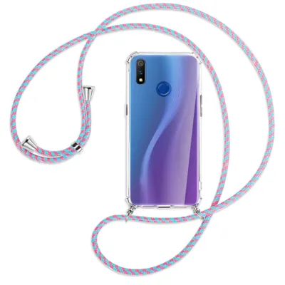 Produktbild von Handykette Backcover-Schutzhülle mit Band (Metall silberfarben) für Realme 3 Pro (X Lite) - pink/mint