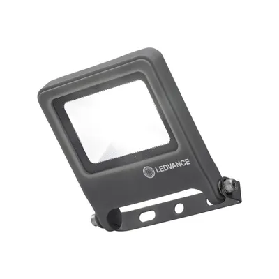 A dark gray LEDVANCE floodlight is shown against a white background.