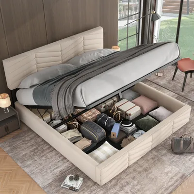 Produktbild von Merax Hydraulická postel Boxspring 180x200 cm s výškově nastavitelným čelem, lamelovým rámem a úložným prostorem, čalouněná postel s úložným prostorem Funkční manželská postel v sametové barvě, béžová