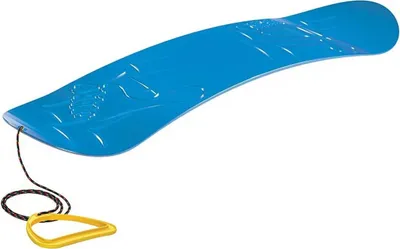 A blue plastic snowboard with a yellow handle and rope, isolated on a white background.