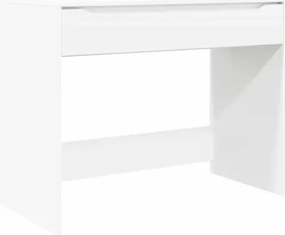 A white desk with a drawer, shown from a front-side angle.