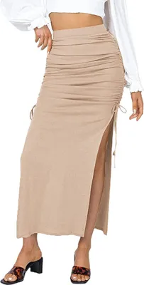 Produktbild von ASKSA Damen Sexy Maxirock Röcke mit Schlitz Hohe Taille Casual Rock Hüfte Freizeitrock Skirt, Beige, M