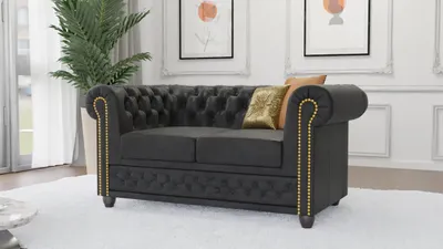 Produktbild von S-STYLE MÖBEL -Vibe- Chesterfield 2 sitzer Sofa mit Schlaffunktion aus Anthrazit Vintage Optik Microfaser mit Holzfüßen, B/T/H: 148 cm/ 86 cm / 72 cm