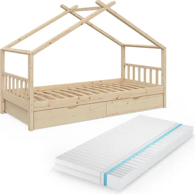 Produktbild von Hausbett Vitalispa Design Naturholz 90x200 cm mit 2 Schubladen und Matratze, Model 37578