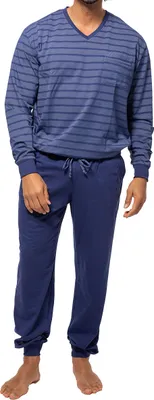Image de hajo Hommes Set de pyjamas - long, manchettes, col V, Klima-Light, mélange de coton bleu L