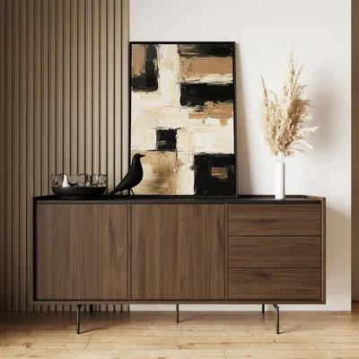 Produktbild von Wohnzimmer Kommode mit 170 cm Breite in Walnuss mit Schwarz, 2 Türen & 3 Schubladen - ZIANO-141