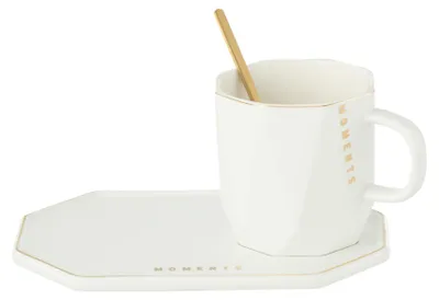 Zdjęcie produktu dla J-Line Kubek+Spodek+Łyżeczka Moments Ceramiczny Biały