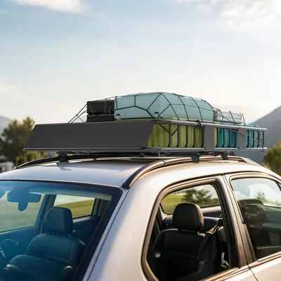 Produktbild von Dachgepäckträger Auto, Dachkorb Universal, Stahl mit Pulverbeschichtung, Schwarz | 162 x 99 x 16 cm | 100 kg | 3-teilig modular