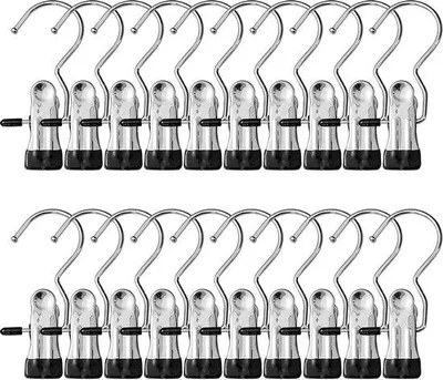 Produktbild von 20 Stück Wäscheklammern, rostfreier Stahl, Wäschehaken, rutschfest, Kleiderbügel-Clip, 360 Grad drehbar, Stiefelklammern, Stiefel, Hänger, Metallklemmen für Hosen, Schuhe, Handtücher (schwarz)