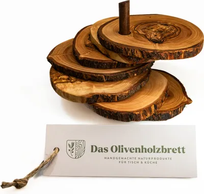 Produktbild von 6er Set Untersetzer aus Olivenholz, rund und mit Rindenrand auf Stift