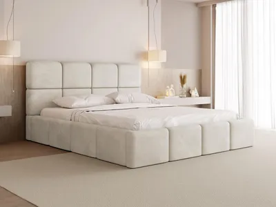 Produktbild von Polsterbett 180x200 mit Bettkasten und Lattenrost – Weiß Bett mit hohem Kopfteil, Boucle oder Samt Stoff – Modernes Doppelbett mit Stauraum – Bettgestell, ohne Matratze – Tivio – Creme