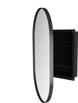 A black medicine cabinet with an oval mirror door is shown against a white background.