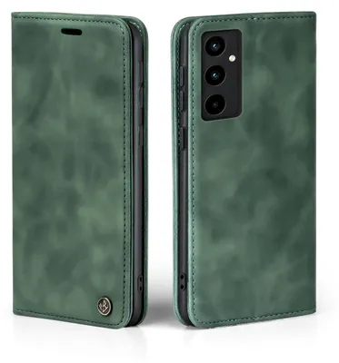 A green flip case for a Samsung Galaxy A35 5G phone is shown from two angles.