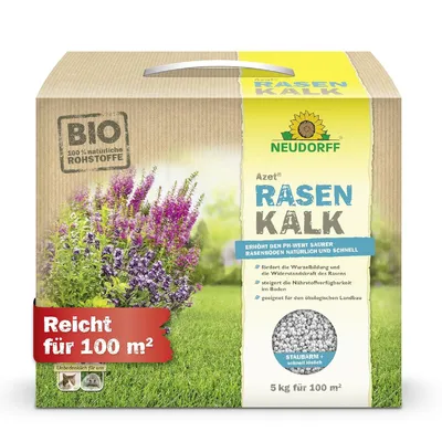 Produktbild von Neudorff Azet RasenKalk staubarm schnell löslich verhindert die Bildung von Moos, sorgt für einen gesunden gleichmäßig grünen Rasen 5kg 100m²