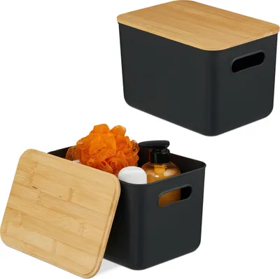 Zdjęcie produktu dla Pudełko do przechowywania Relaxdays, zestaw 2 szt., z pokrywką, tworzywo sztuczne, bambus, uchwyt, wymiary: 16 x 26 x 17,5 cm, organizer, czarny/naturalny