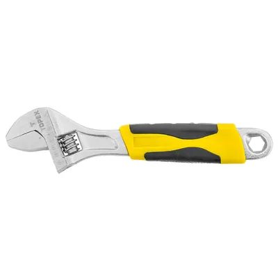 A studio shot of an adjustable wrench against a white background.