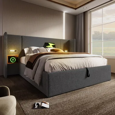 Obrázek produktu pro okwish Čalouněná postel Manželská postel Hydraulická úložná postel 160×200 s nočním stolkem, čtecí lampou a USB Type-C nabíjecí funkcí,Šedá, Bez matrace