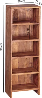 Zdjęcie produktu dla FineBuy Regał na płyty CD z litego drewna akacjowego, regał stojący o wysokości 90 cm, 5 półek do przechowywania płyt CD, regał na książki w stylu rustykalnym